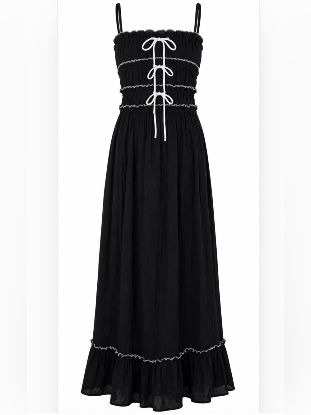 Thirty/Thirty LA Black Smocked Maxi Dress Contrast Stitch Bow Lace Up Ruffle Hem